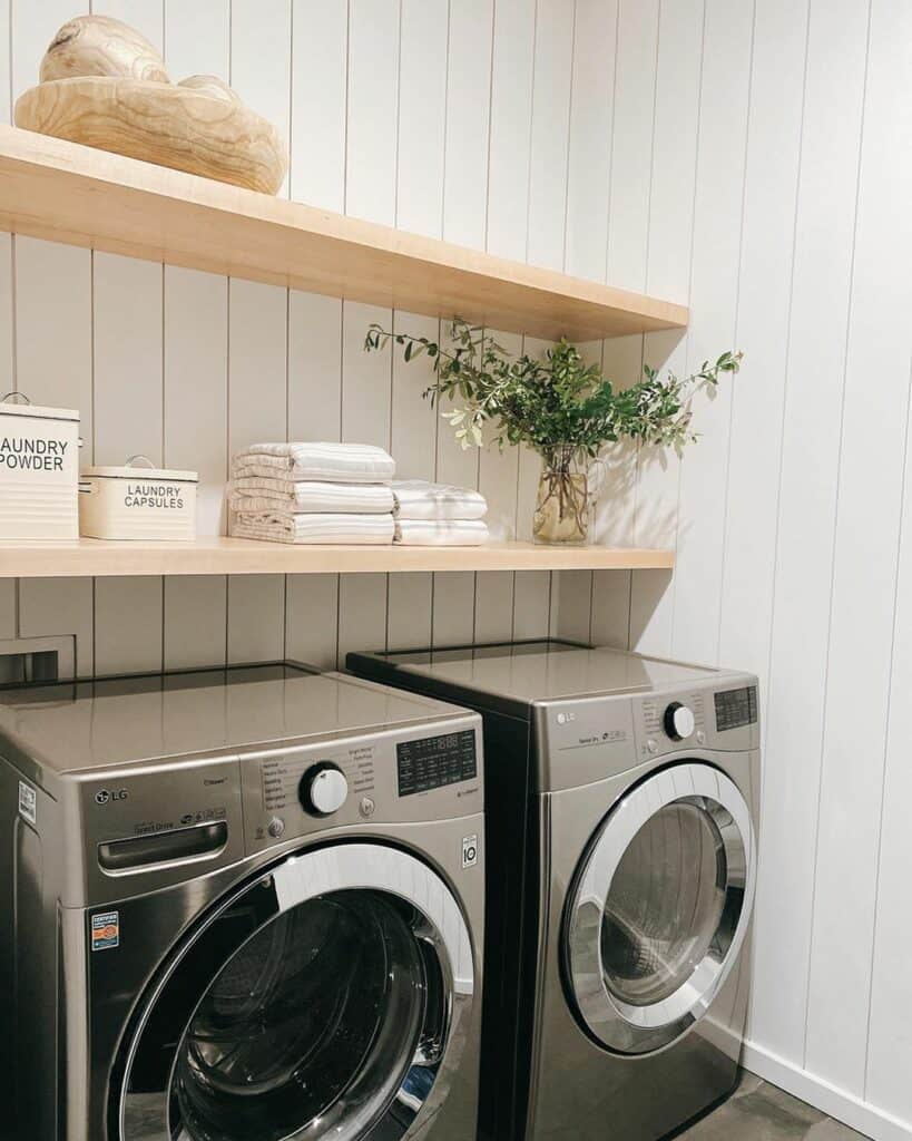 Vertical Shiplap Laundry Room with Floating Shelves