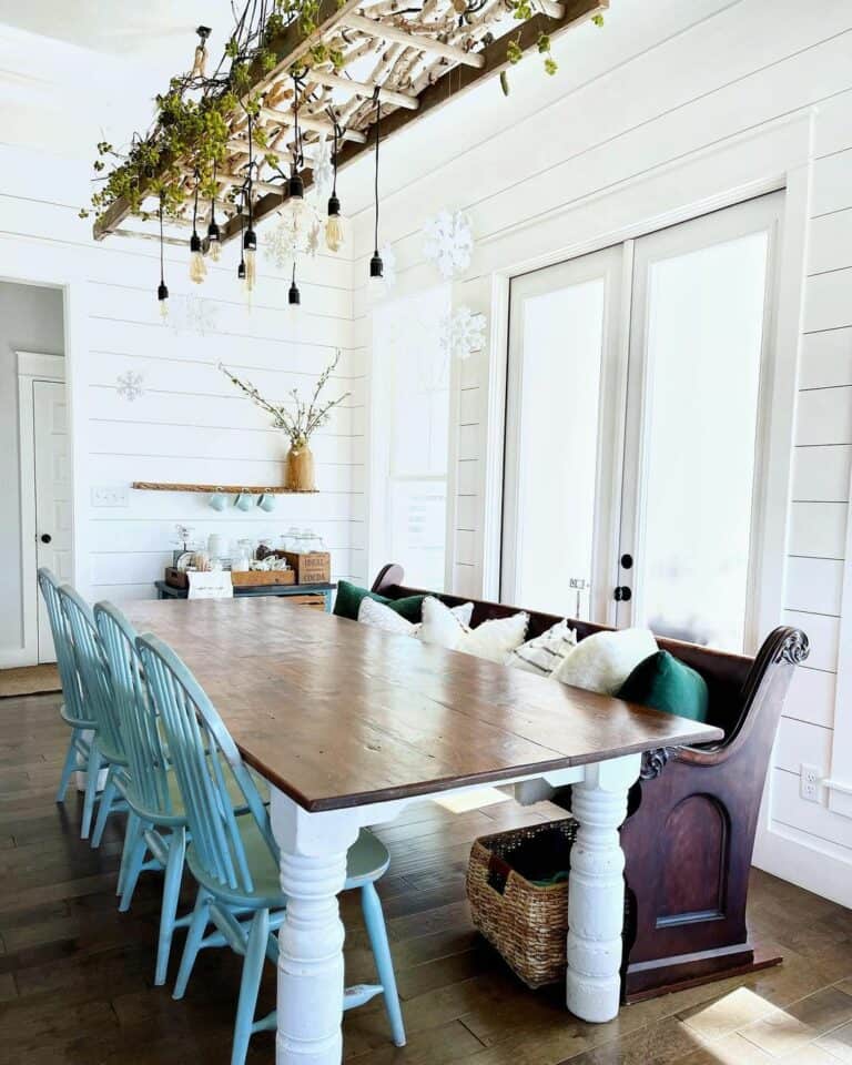 Vibrant Blue Chairs and Dark Wood Bench