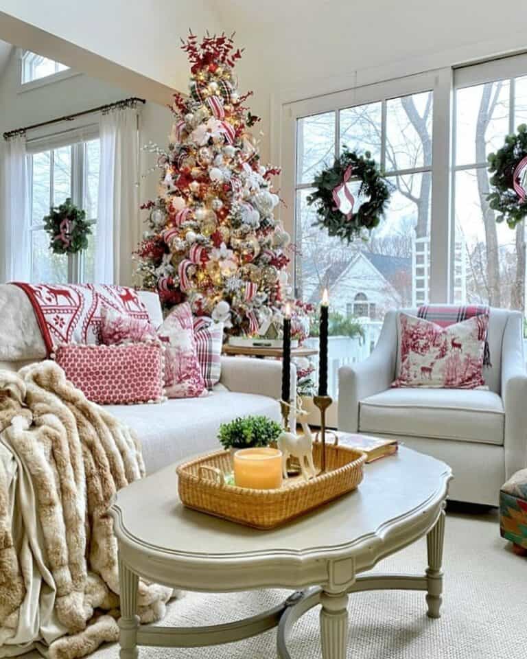 Vibrant Christmas Tree Among Christmas Throw Blankets