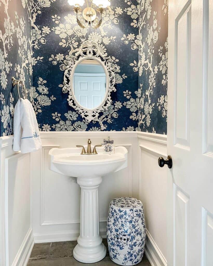 Victorian Small Bathroom Wallpaper with White Wainscoting