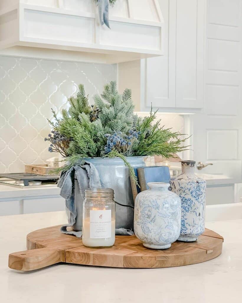 Vintage Blue Bottles on Wooden Board