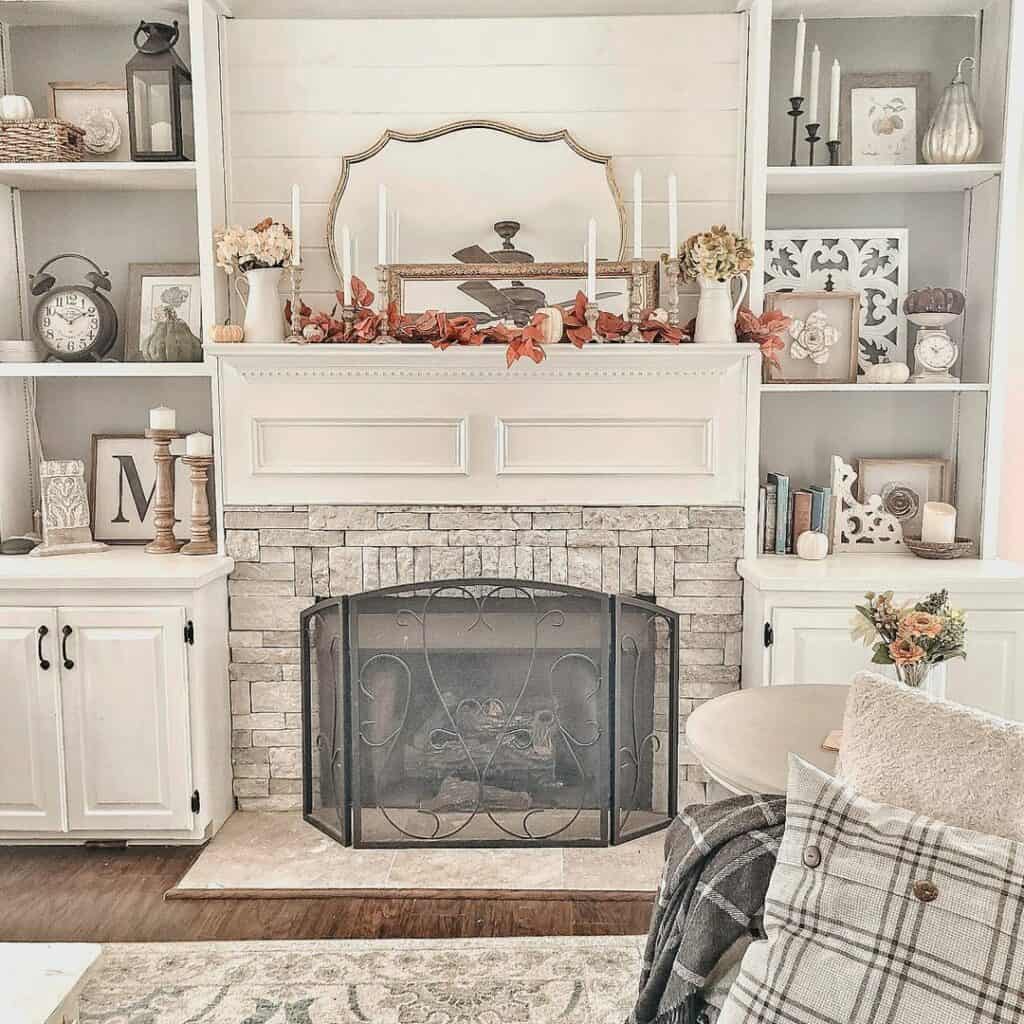 Vintage Decorations on White Built-In Shelves