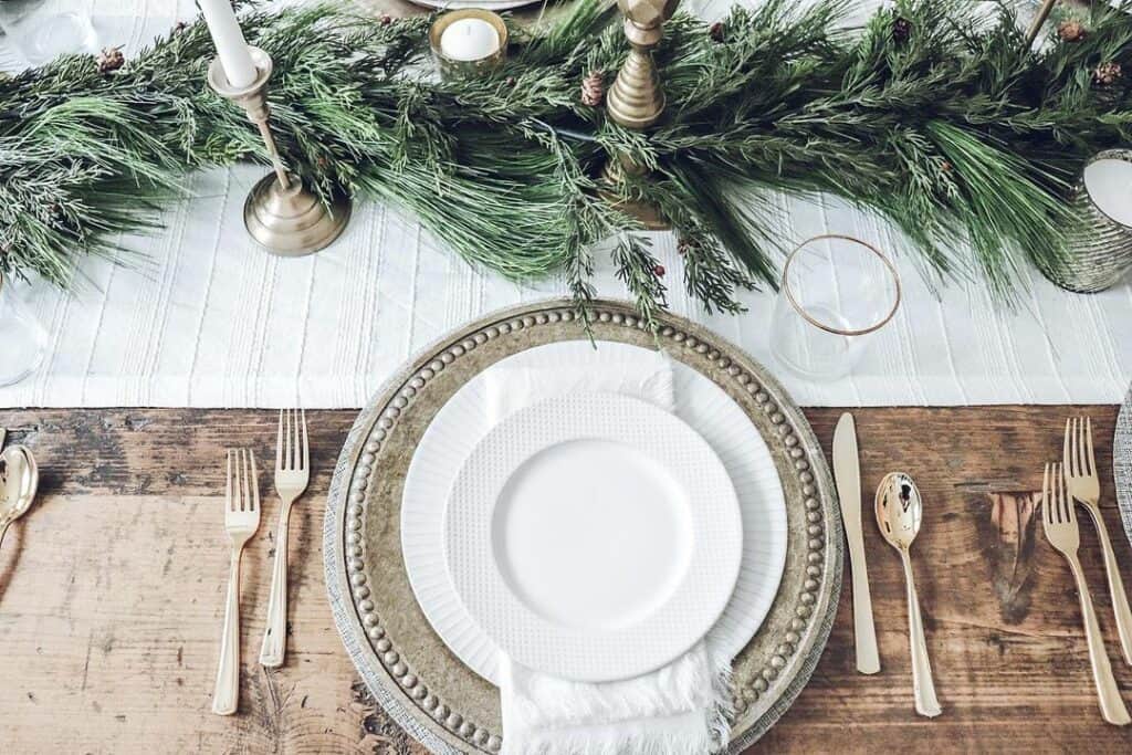 Vintage Farmhouse Gold Table with Evergreen Garland
