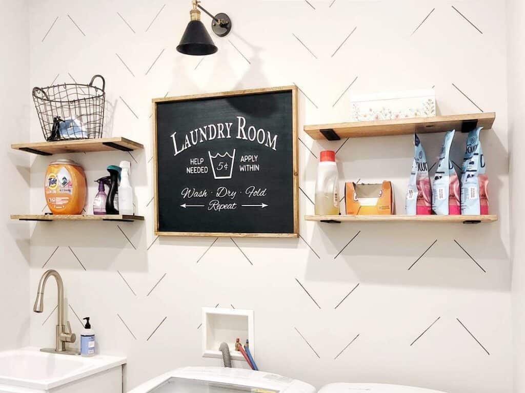 Wallpaper with Floating Shelves in Laundry Room