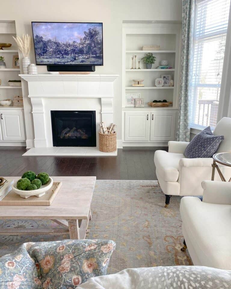 Well-Lit Living Room with White Shelving