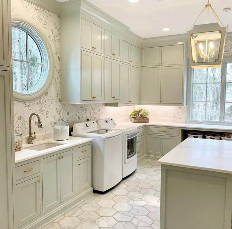 Whimsical Floral Wallpaper and a White Hexagon Tile Floor