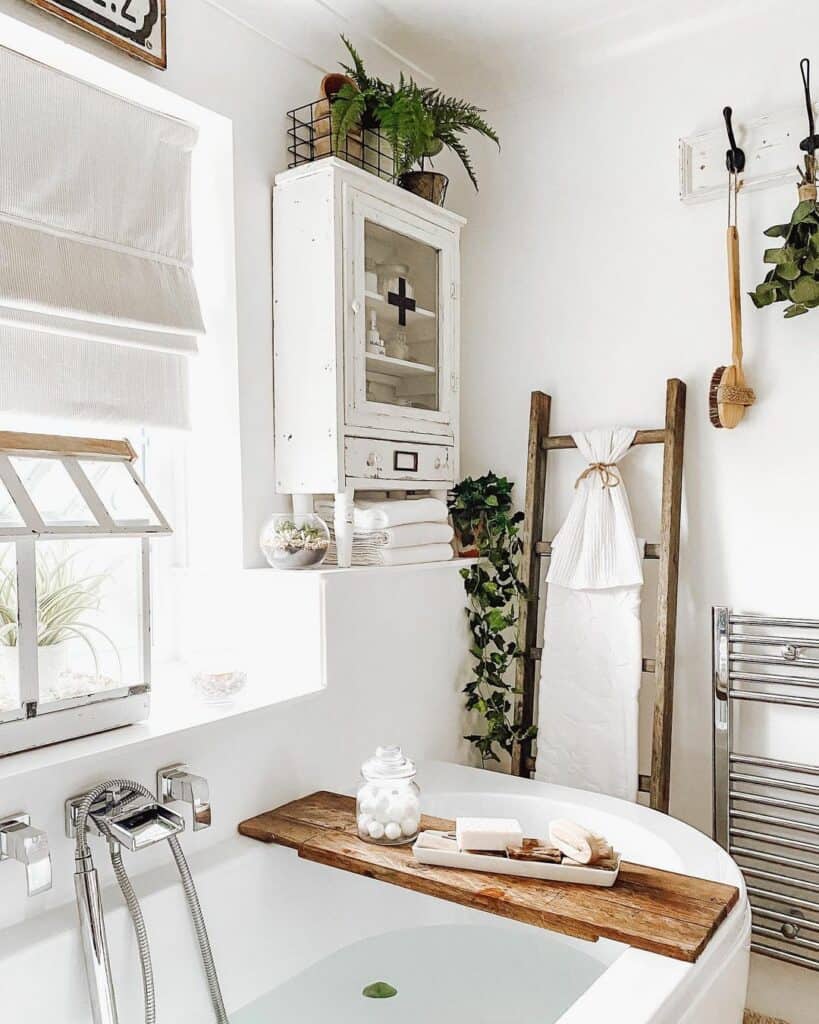 White Bathroom with Rustic Wood Tub Tray