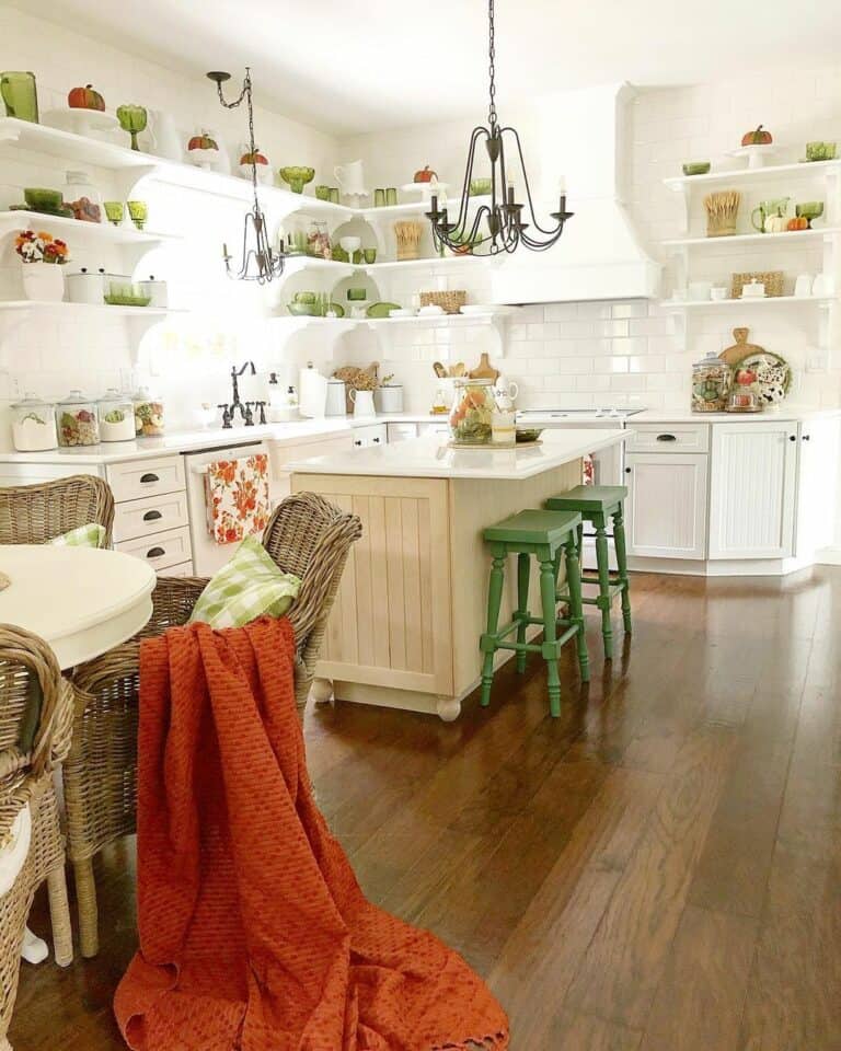 White Beadboard Cabinet and Green Barstools