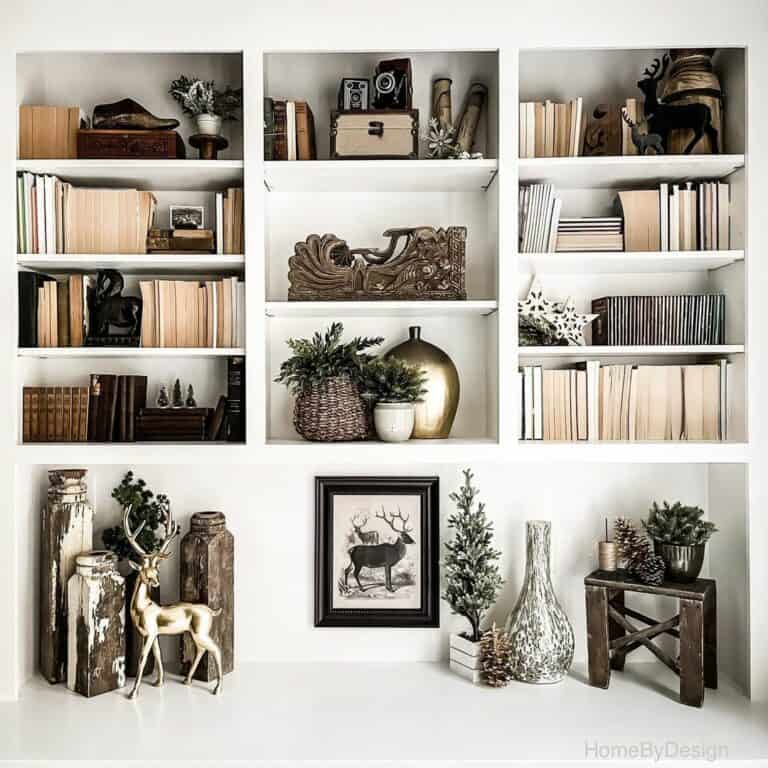 White Bookcase with Wintery Décor