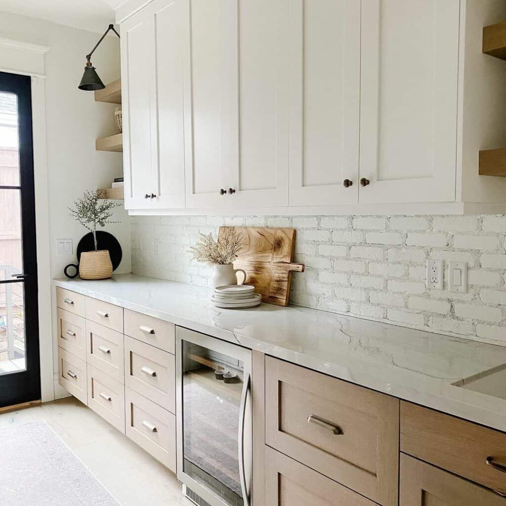 White Brick Backsplash and White Oak Cabinets