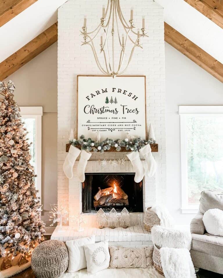 White Brick Farmhouse Fireplace with Christmas Décor