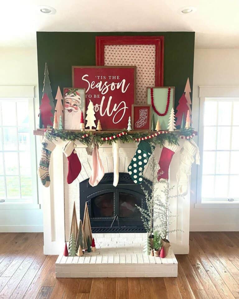 White Brick Fireplace with Mismatched Stockings