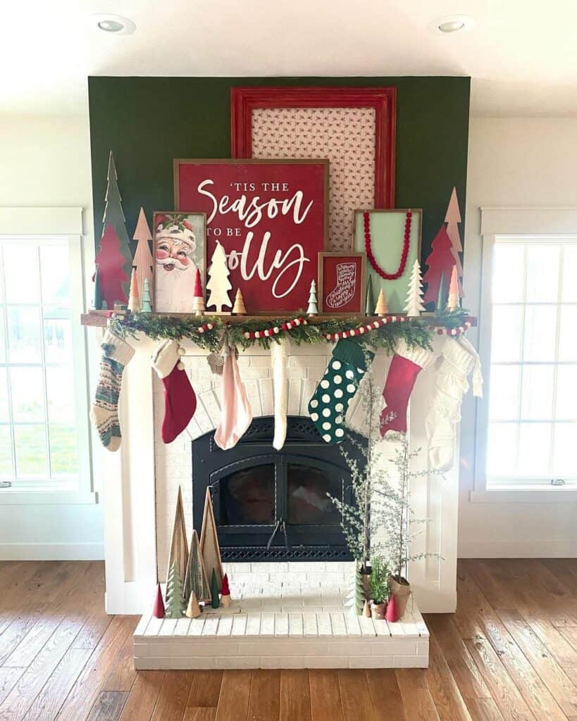 White Brick Fireplace with Mismatched Stockings