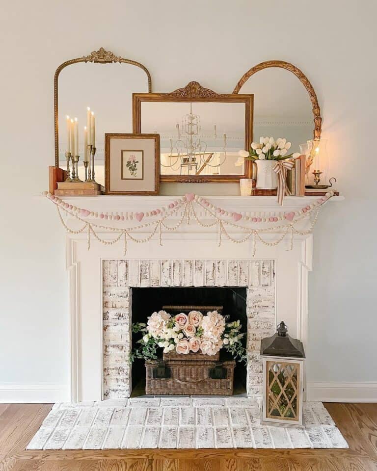 White Brick Fireplace with Pink Garland