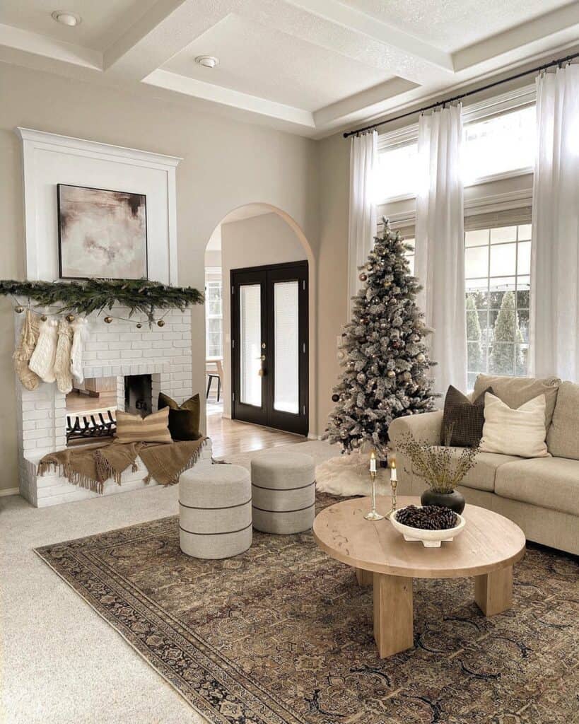 White Brick Holiday Fireplace in Modern Farmhouse