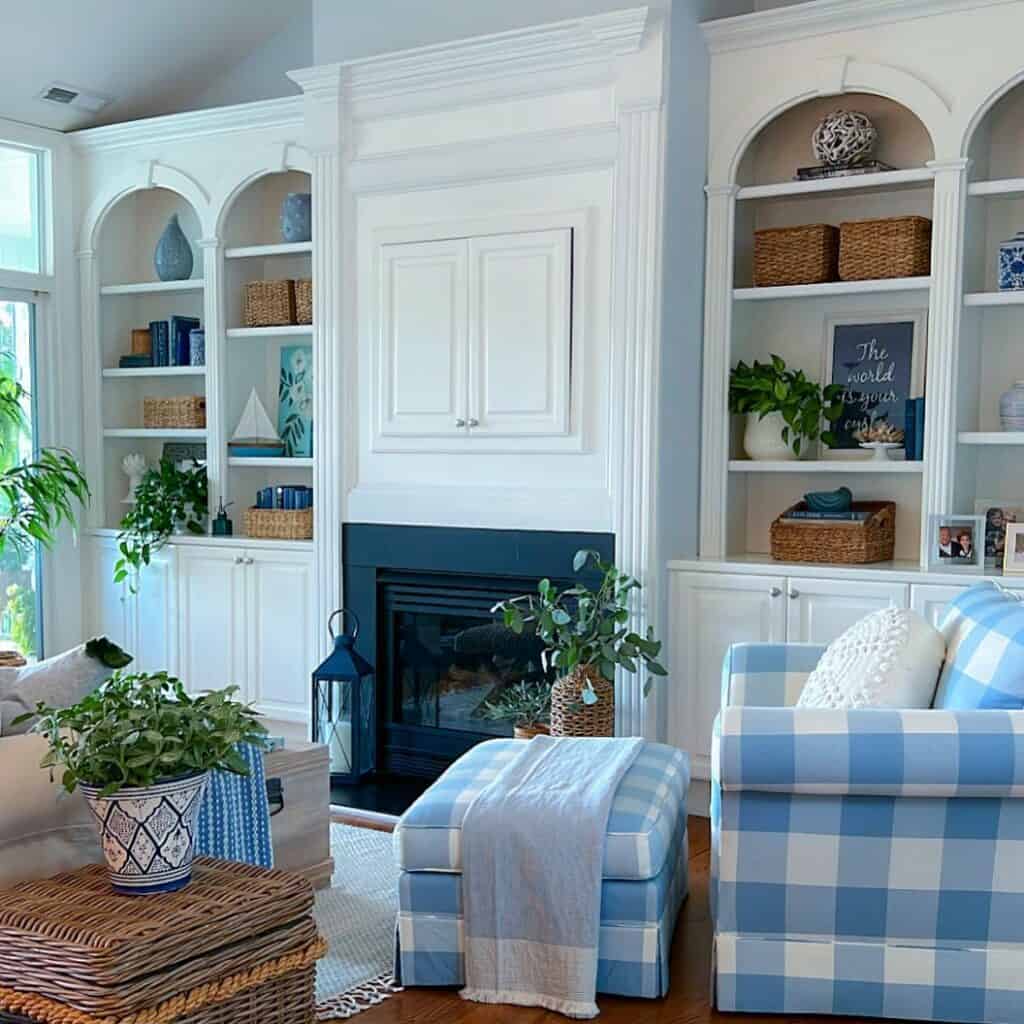 White Built-in Shelves with Wicker Basket Décor