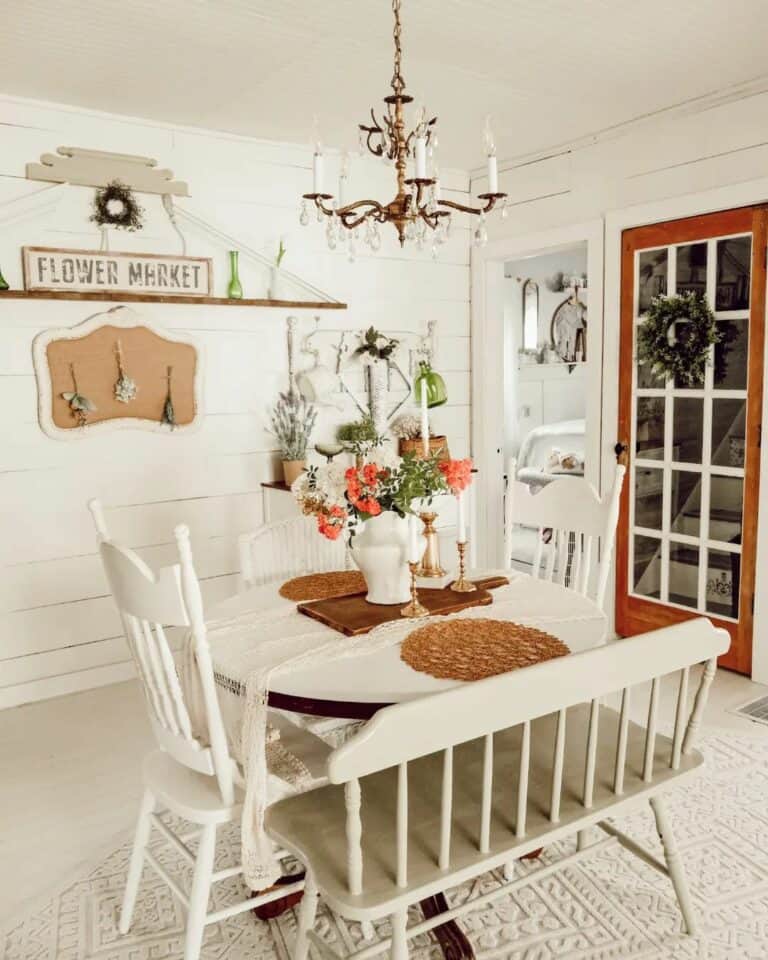 White Chairs and Dining Bench with Back