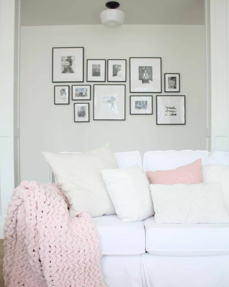 White Couch with Pink Chunky Knit Throw