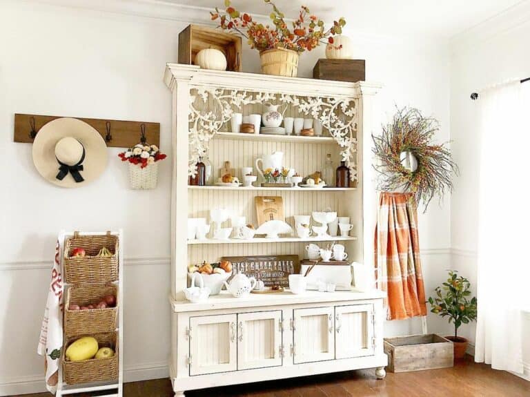 White Display Cabinet with a White Beadboard Back