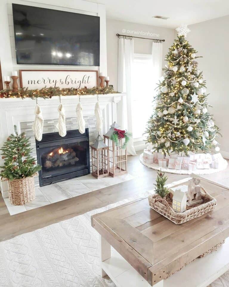 White Fireplace Mantel and Wood Coffee Table