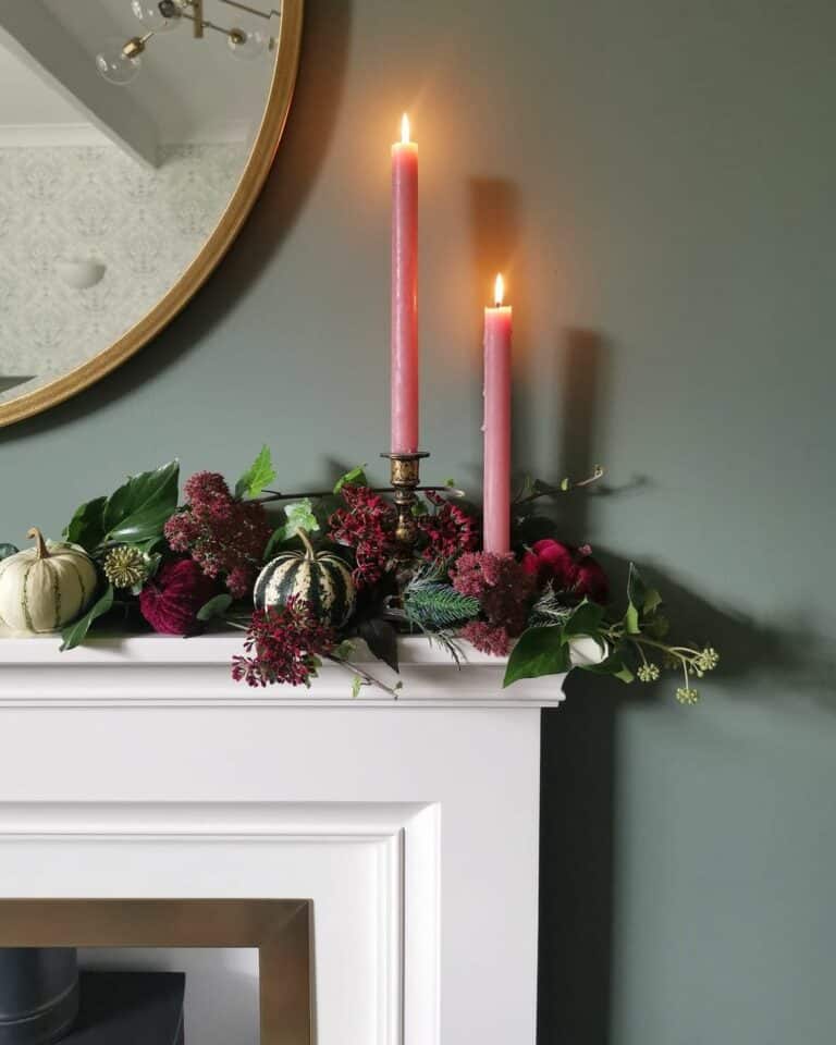 White Fireplace Mantel with Pink Candles
