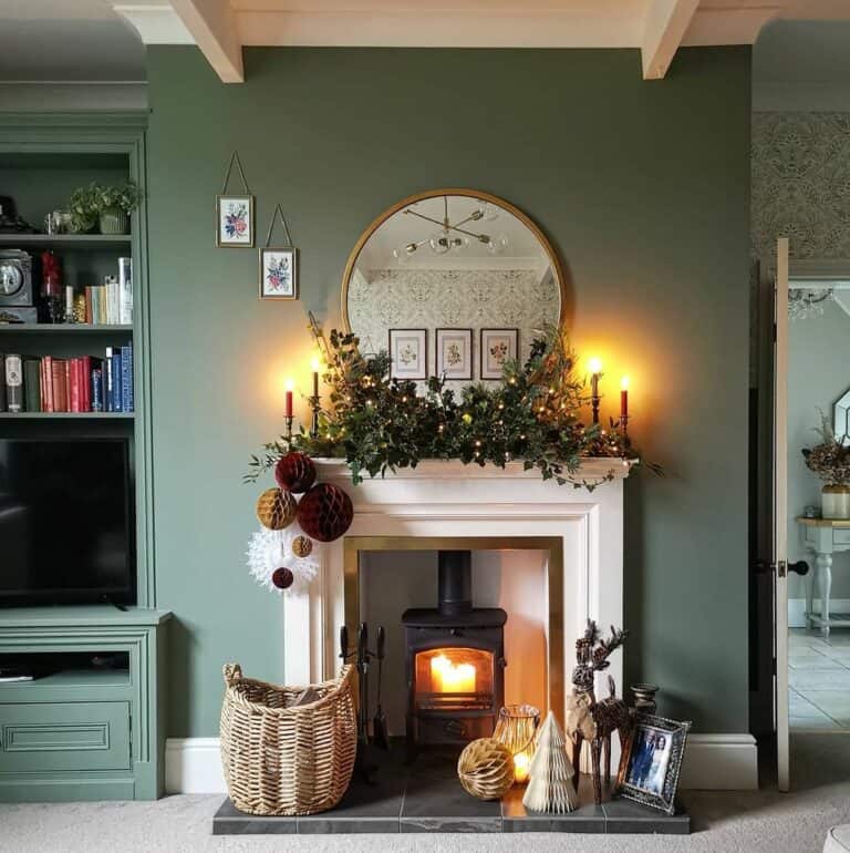 White Fireplace on Olive Accent Wall