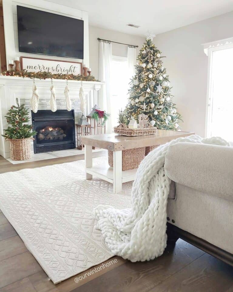 White Fireplace with Christmas Tree Basket