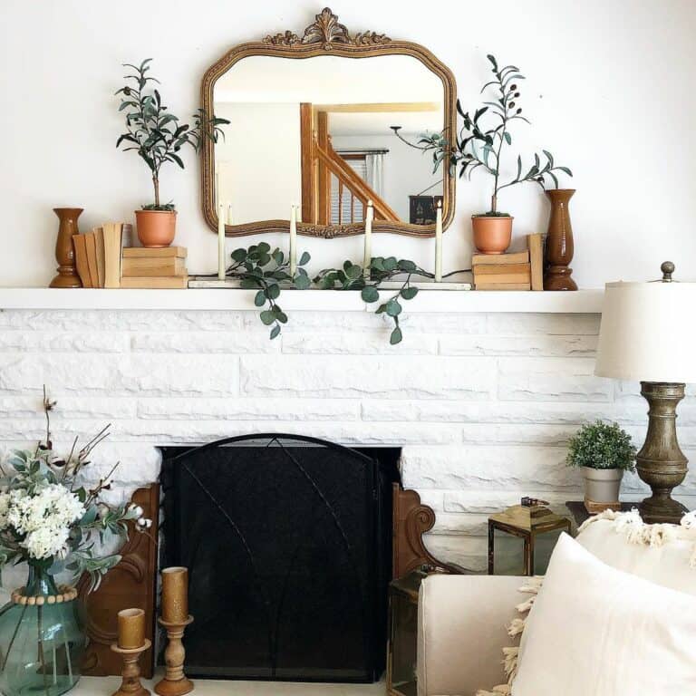 White Fireplace with Earthy Browns and Greens