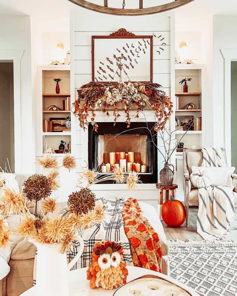 White Fireplace with Fall-Colored Candles