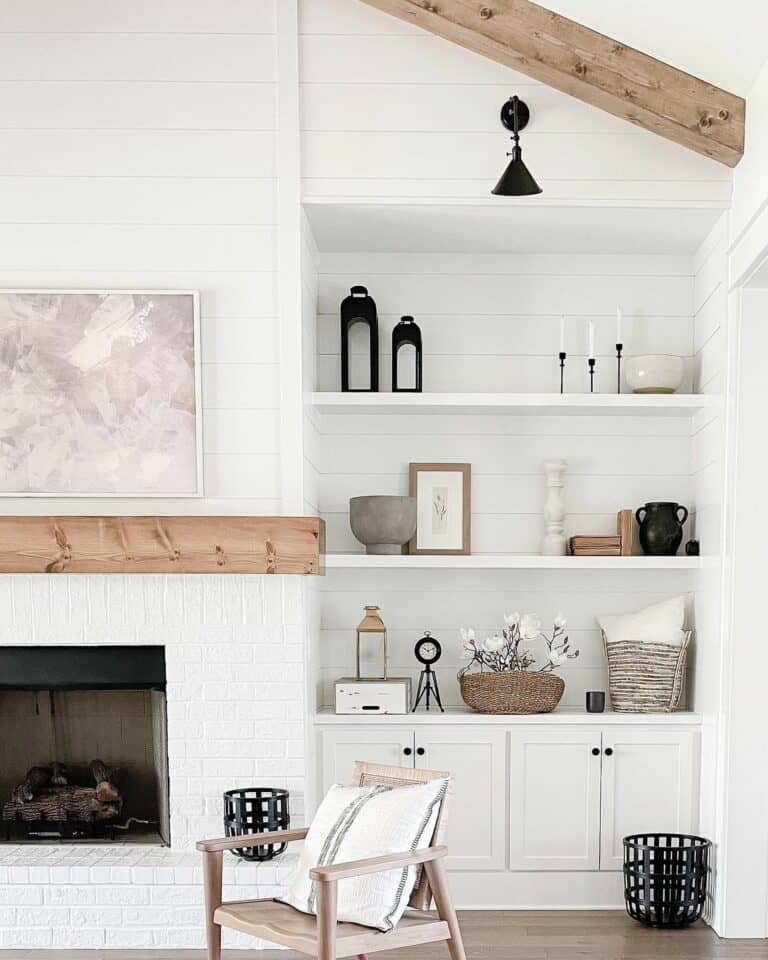 White Fireplace with Wood Mantel