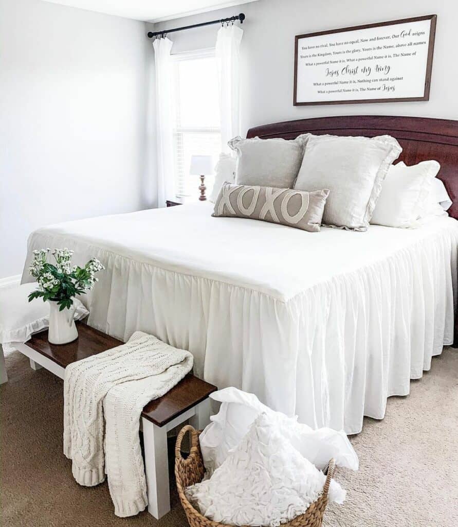 White Flowers on a Wooden Bedroom Bench