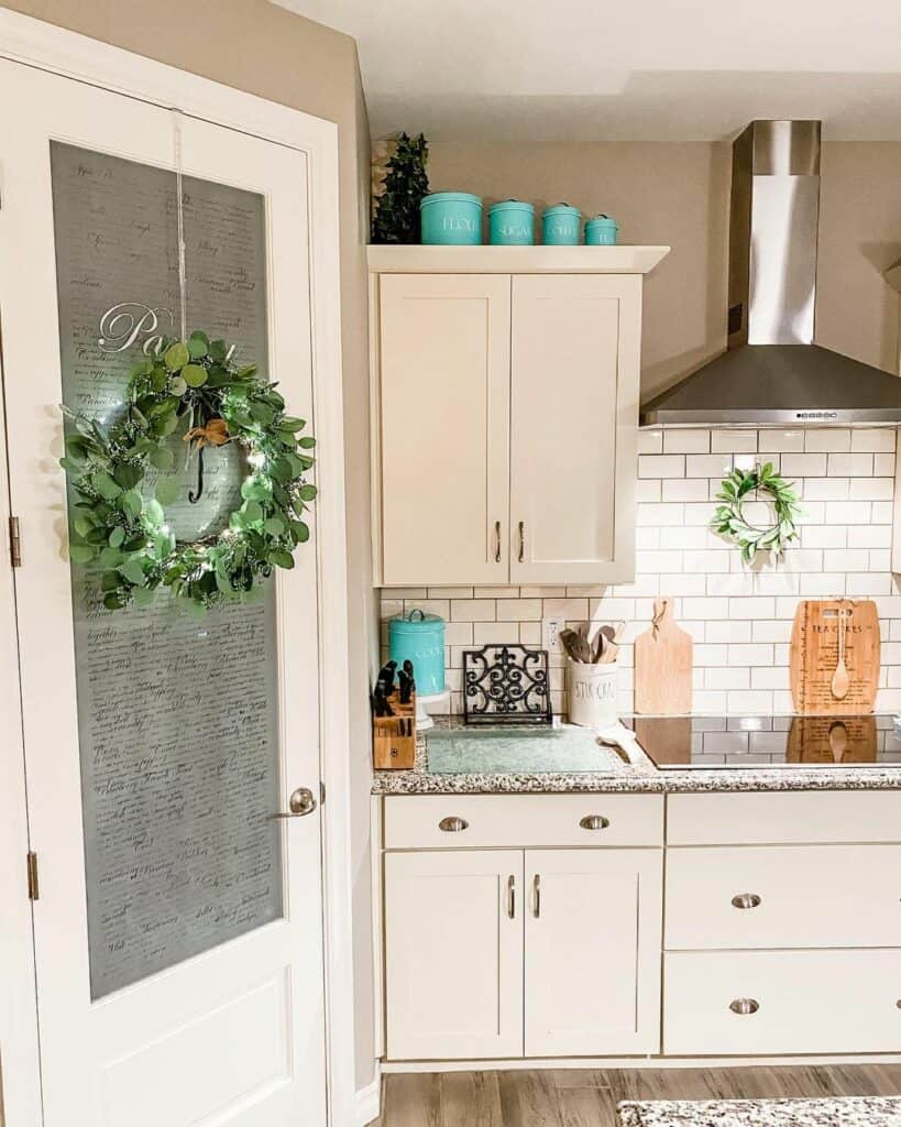 White Frosted Glass Pantry Door in Farmhouse Kitchen