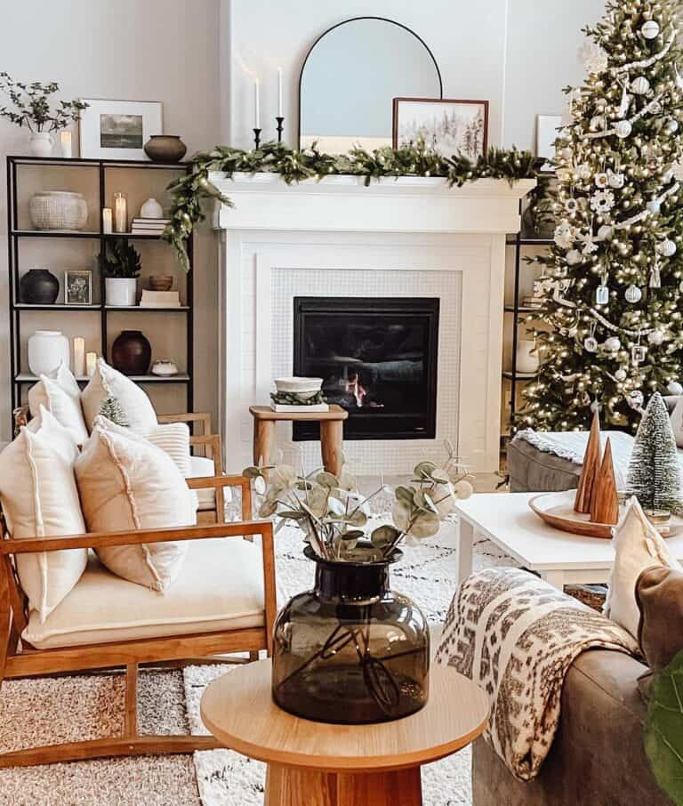 White Holiday Fireplace In Wood-Toned Living Room