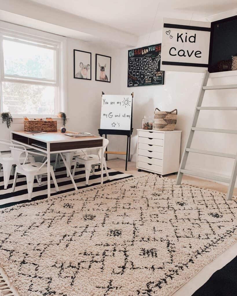 White Kid Cave with Wood Accents