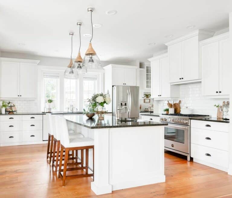 White Kitchen Island Chairs on Polished Wood Legs