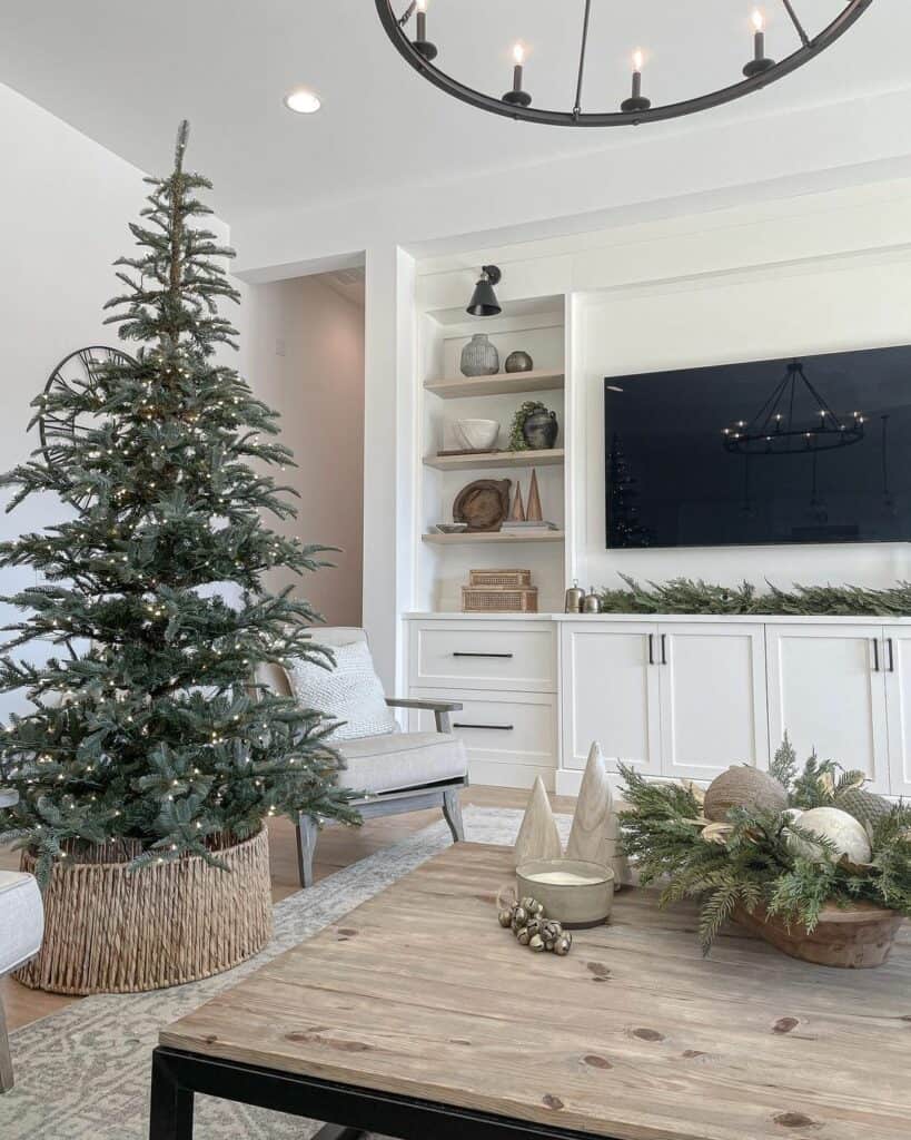 White Living Room with Basket Christmas Tree Collar