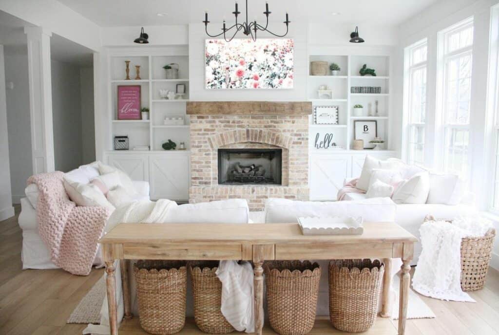 White Living Room with Brick Fireplace