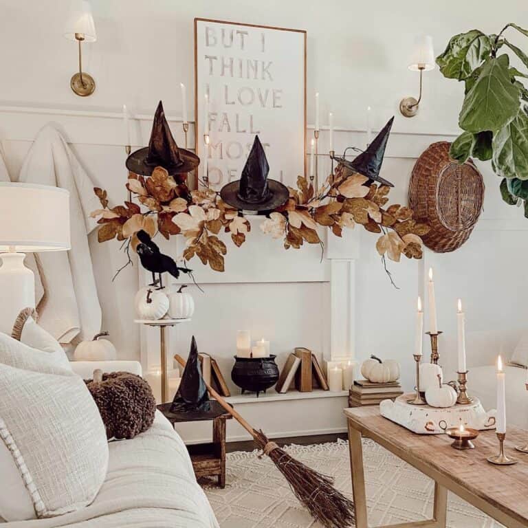White Living Room with Halloween Witch Decor