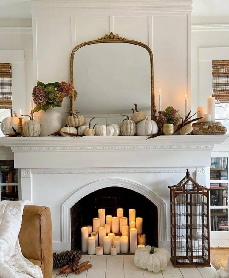 White Mantelpiece with Tonal Pumpkin Décor