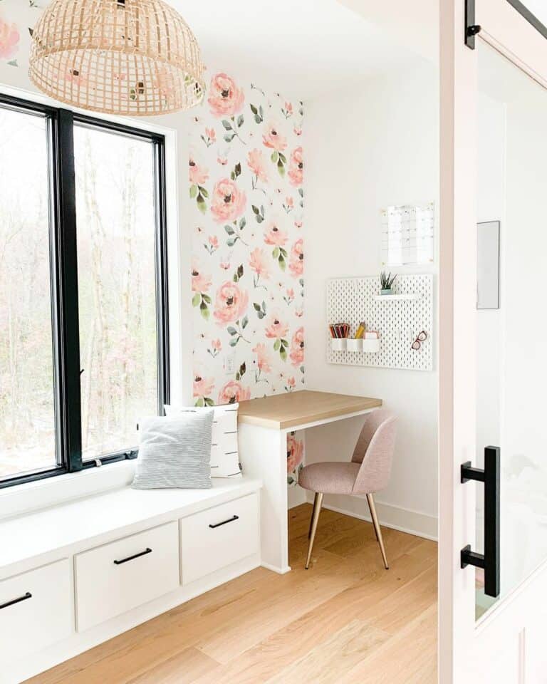 White Oak Desk Against Floral Wallpaper