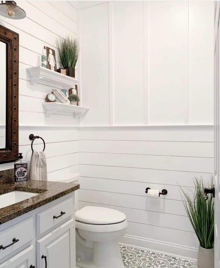 White Paneled Wall With White Shiplap Wainscoting