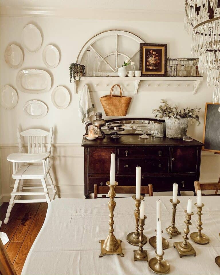 White Plates on Wall With Off-White Wainscoting