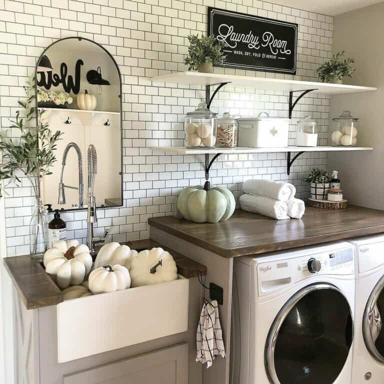 White Pumpkins in a Laundry Room Sink