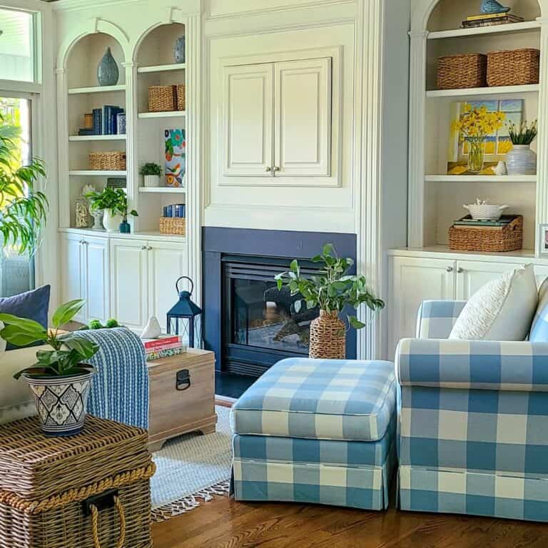 White Raised Panel Cabinets Around a Black Fireplace