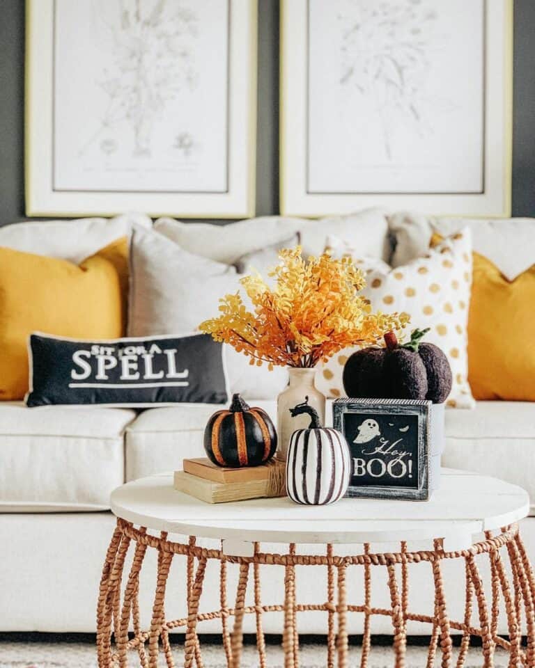 White Round Coffee Table with Rattan Detail