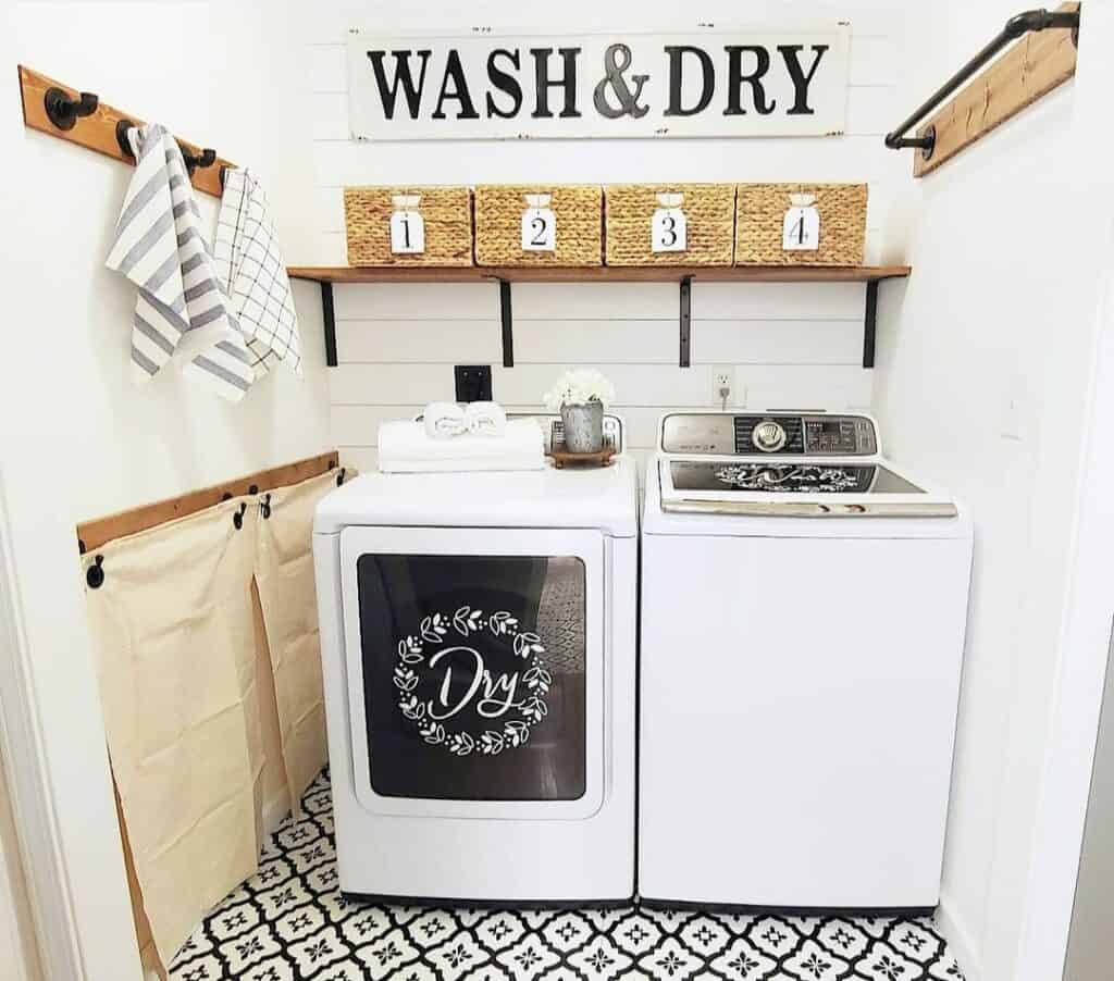 White Shiplap Accent Wall with Bold Tile Floors