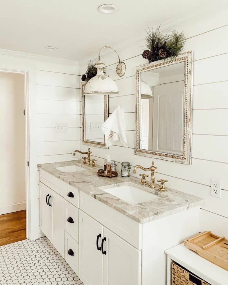 White Shiplap Bathroom with Evergreens