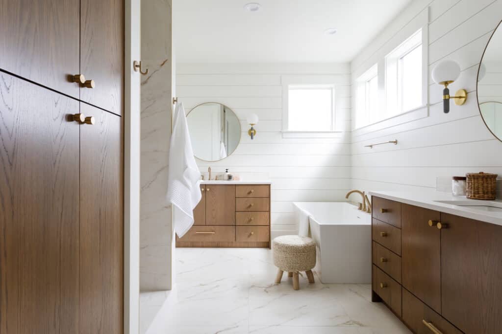 White Shiplap Bathroom with High Windows