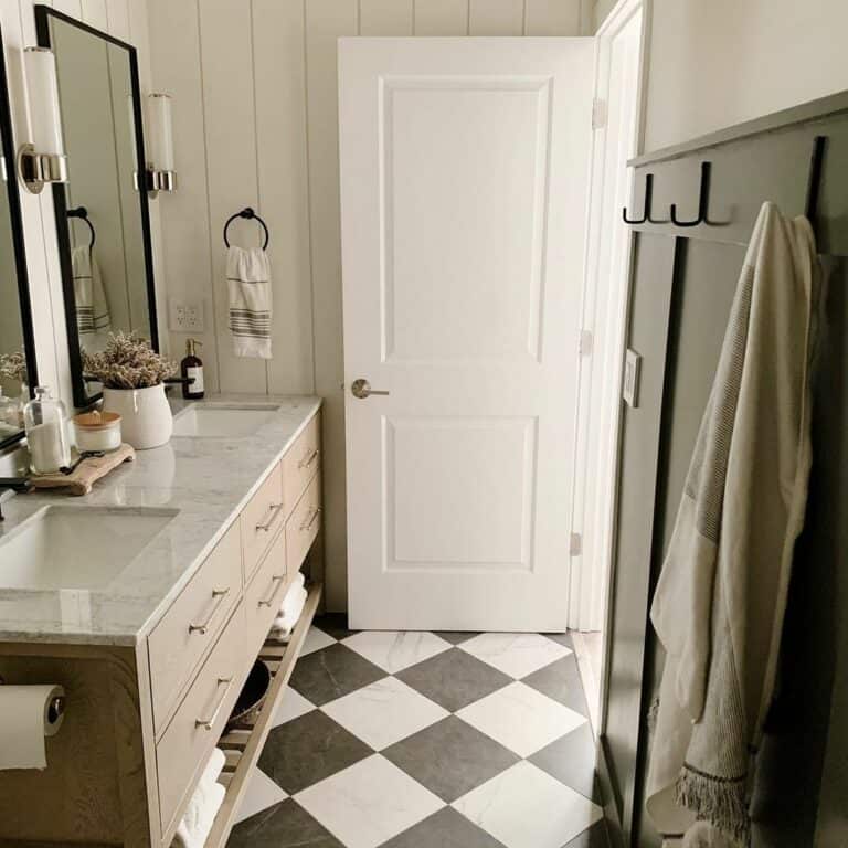 White Shiplap Bathroom with Light Wood Vanity