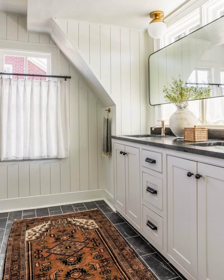 White Shiplap Bathroom with Orange Rug